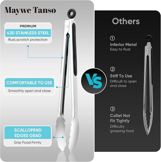 Kitchen Tongs for Cooking,Maywe Tanso 12-Inch Stainless Steel Locking Cooking Tongs Food Tongs for Cooking,Grilling,Salad and Serving Food | Heavy Duty,Non-Stick,Black