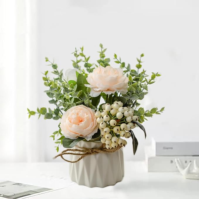 EOBTAIN Artificial Flowers in Vase Silk Flowers Fake Flowers with Ceramic Vase for Indoor Table Decor,Faux Flower and Green Leaf Plants Decorations for Home Offic Party,Dining Table Centerpiece.