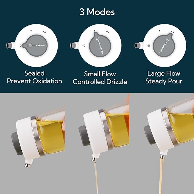 KITCHENDAO Precision Pour Glass Oil Dispenser 2-Piece Set with 3 Modes, Drip-Free Spout, Two Adjustable Flow Speeds, 12 oz Oil and Vinegar Dispensing Bottle 2 Pack Set for Kitchen