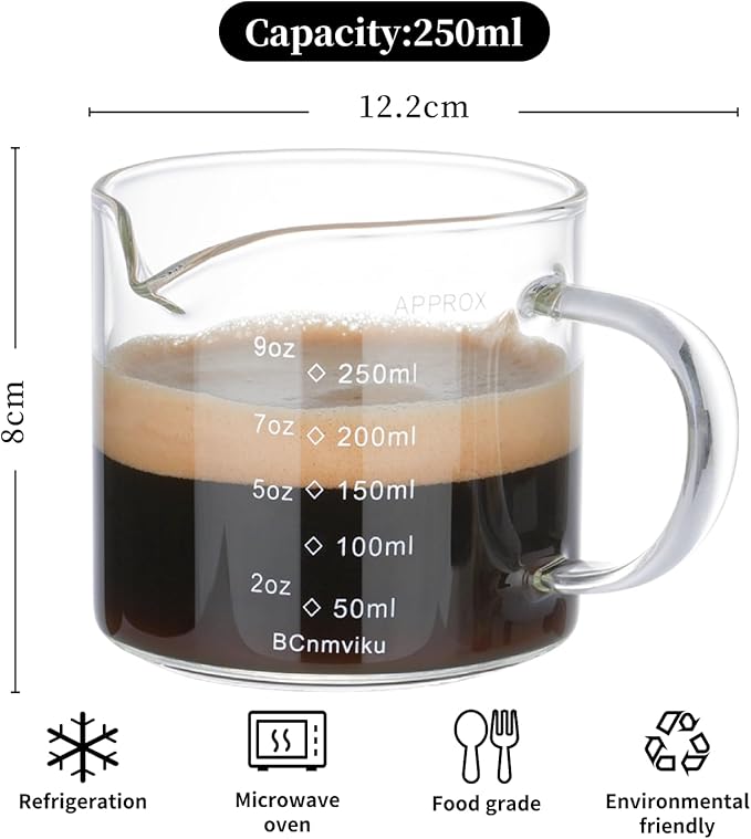 Espresso Cup Measuring Cup Triple Pitcher Milk Cup 250ML/8.5OZ Espresso Cups with Handle Shot Glass with V-Shaped Mouth Milk Frothing Pitcher (Single mouth)