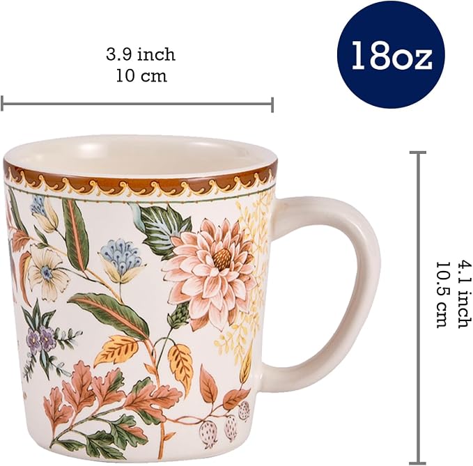 Bico Blooming Moment Ceramic Coffee Mugs Set of 4, 18 oz Large Tea Cups with Handle, Aesthetic Latte Mugs for Cappuccino Cocoa, Lead-Free, Dishwasher and Microwave Safe, Housewarming Gift