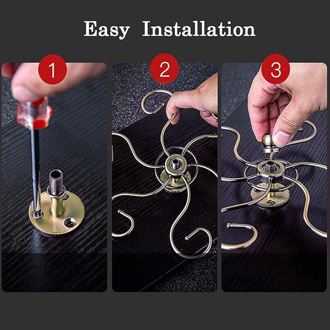 360° Rotation Hanging Wine Glass Rack,Under Cabinet Stemware Rack,Metal Glass Hanger Drying Rack With 6 Hooks for Home and Bar Storage