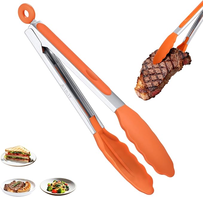 Silicone Salad Tongs - 9 Inch, 304 Stainless Steel Core & Non-Slip Grip, Red Color, Kitchen Utensils for Grilling Salad
