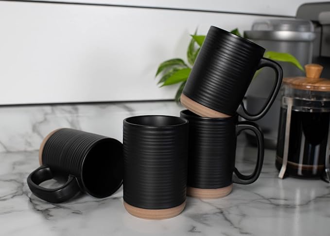 Elanze Designs Tall Ribbed Raw Clay Bottom Black 16 ounce Ceramic Coffee Mugs Set of 4