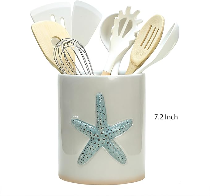 Ceramic Starfish Embossed Utensil Holder, Large Cooking Utensil Crocks for Countertop, Ocean Style Utensil Organizer for Spatula