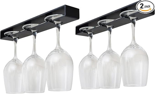 2 Pack Wine Glass Rack, No Drilling Under Cabinet Stemware Rack Organizer Hanger for Bar and Kitchen Cabinet (Classic Black)