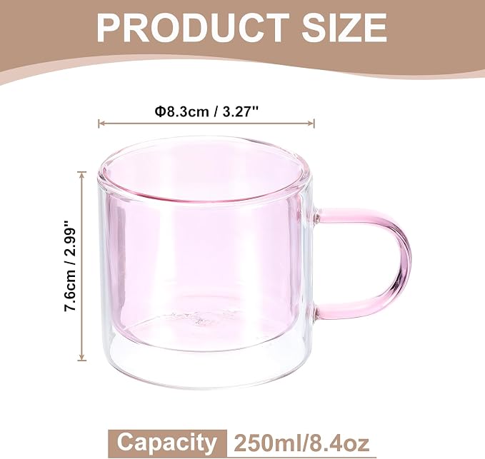 uxcell 8.4 oz Double Wall Glass Coffee Mugs, Glass Tea Cup with Widened Handles for Espresso Coffee, Cappuccino, Tea Bag, Latte, Hot Cold Beverages, Juice, Pink