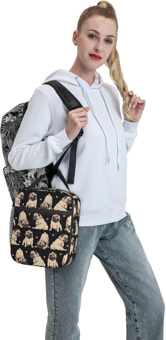 Gianlaima Pug Cute Black Cool Fuuny puppy Dog Love Insulated Lunch Box For Women Man, Portable Lunch Bag Reusable Cooler Tote For Office Work Travel Picnic Camping Beach