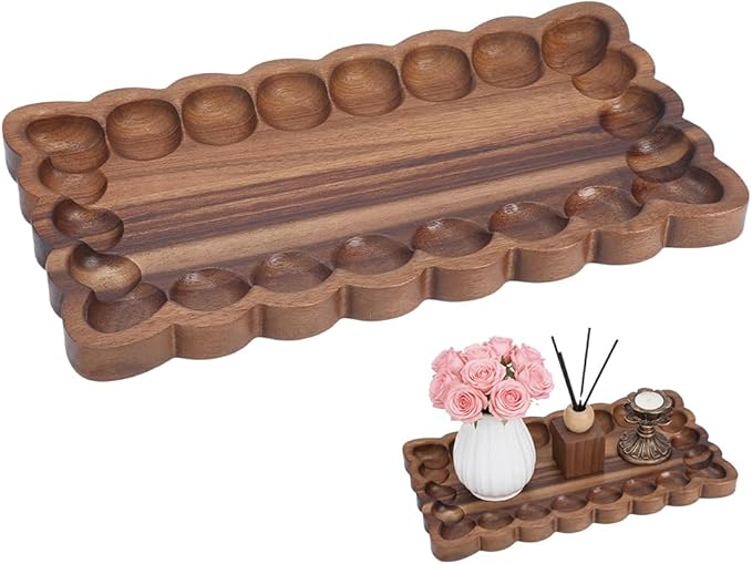 Wood Decorative Tray with Scalloped Edge Acacia Wood Rectangle Serving Trays Organization Coffee Table Wooden Trays for Living Room Bedroom Entryway Kitchen Home Decor and Vanity Storage