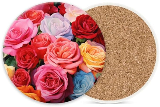 1 Pcs Coffee Cup Coasters for Drinks, Colorful Roses Painting Round Absorbent Non-Slip Ceramic Stone Cork Coasters for Kitchen Living Room Office Decoration Bar (4 * 4 Inch)