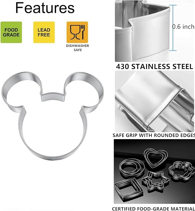 3PCS Mouse Cookie Cutters, Mouse Head Shapes Themed Biscuits Molds Stainless Steel Metal Cutter for Kids Birthday Party Holidays Baby Shower