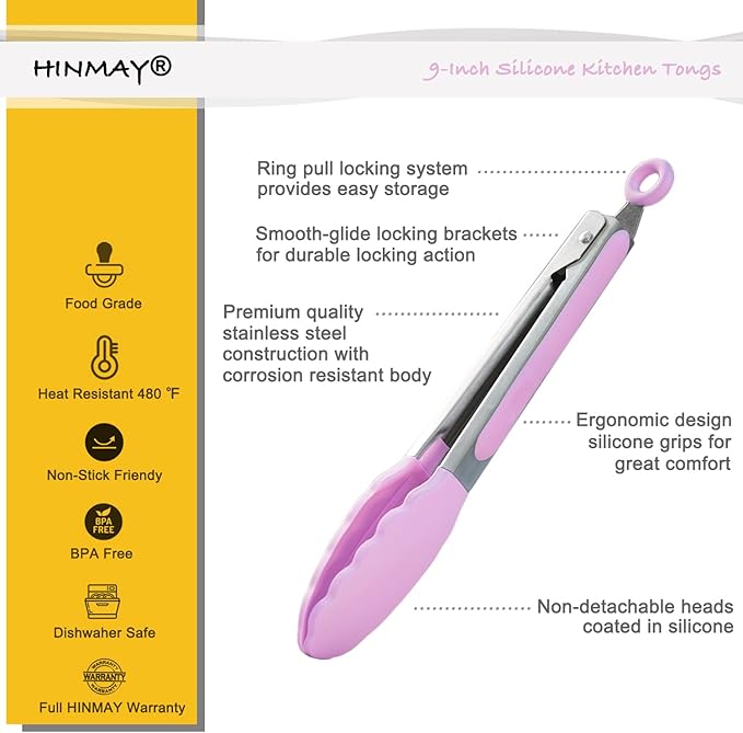 HINMAY Serving Tongs with Silicone Tips 9 Inches Stainless Steel Food Tongs, Set of 3 (Pink)