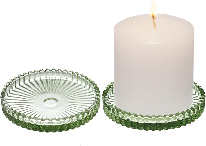 2 Pack Glass Pillar Candle Holders 4 Inch Ribbed Edge Design Decorative Candle Plate with Serrated Edges Clear Green Display Stand for Wedding Home Decor Table Centerpieces
