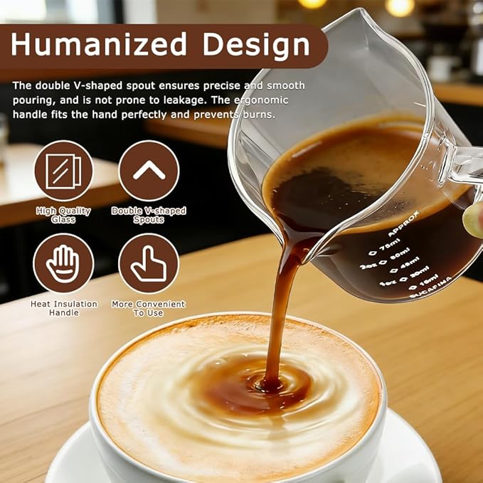 2 Pack Espresso Shot Glass with Handle 75ML Double Spout Measuring Cups with Scale Milk Frothing Pitcher Coffee Accessories(COLOR:clear)