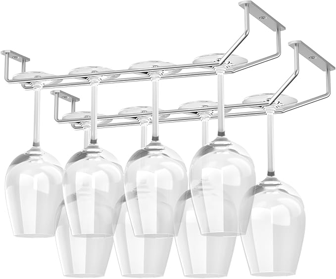 FOMANSH 14-Inch Under Cabinet Wine Glass Holder - Metal Stemware Storage Hanger, Single Rail Hanging Rack for Kitchen Bar - Set of 2