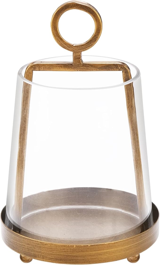6" Wide Modern Farmhouse Metal Hurricane Candle Holder with Handmade Sturdy Glass Sleeve in Antique Brass for Pillar Candle & Plants, Glass Hurricane Lantern, Industrial, Minimalistic