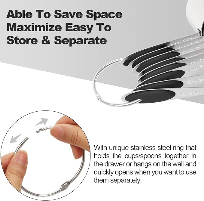 Measuring Cups & Spoons Set of 16, Wildone Stainless Steel Measuring Cups and Measuring Spoons with Black Silicone Handle, Including 8 Nesting Cups, 8 Spoons, for Dry and Liquid Ingredient
