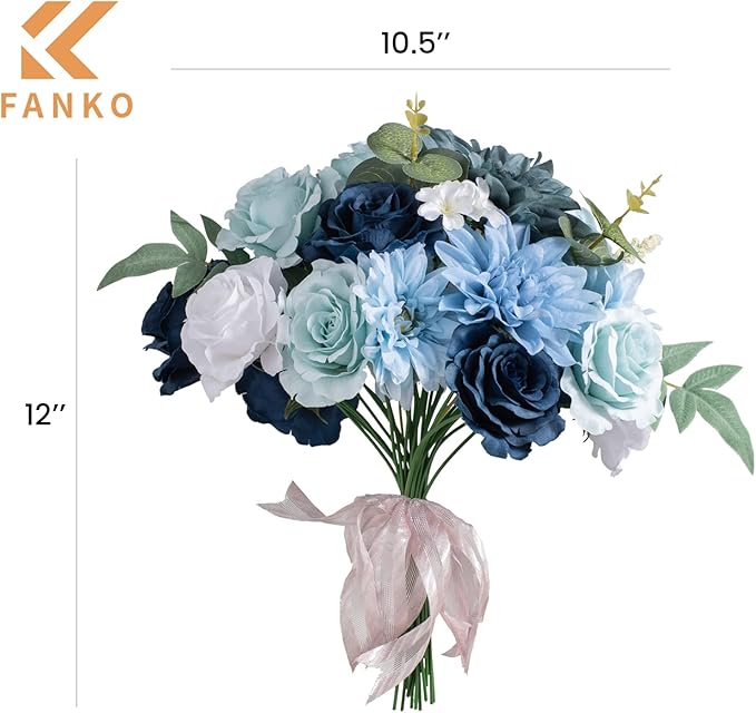 FANKO Artificial Flowers for DIY, Blue White Faux Flowers Bouquet, Fake Flowers with Roses Dahlia Daisy Silk Flowers for Vase, Home Decor, Wedding Centerpiece, Floral Arrangement Décor