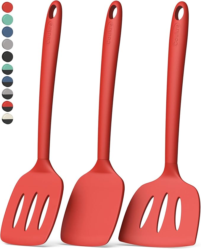 Coukre 3 Pack Silicone Spatula Set, High Heat Resistant, BPA-Free, Fish Spatula, Solid & Slotted Turner for Non-Stick Pans, Flipping Eggs, Pancakes, Fish, Burgers (3, PureRed)