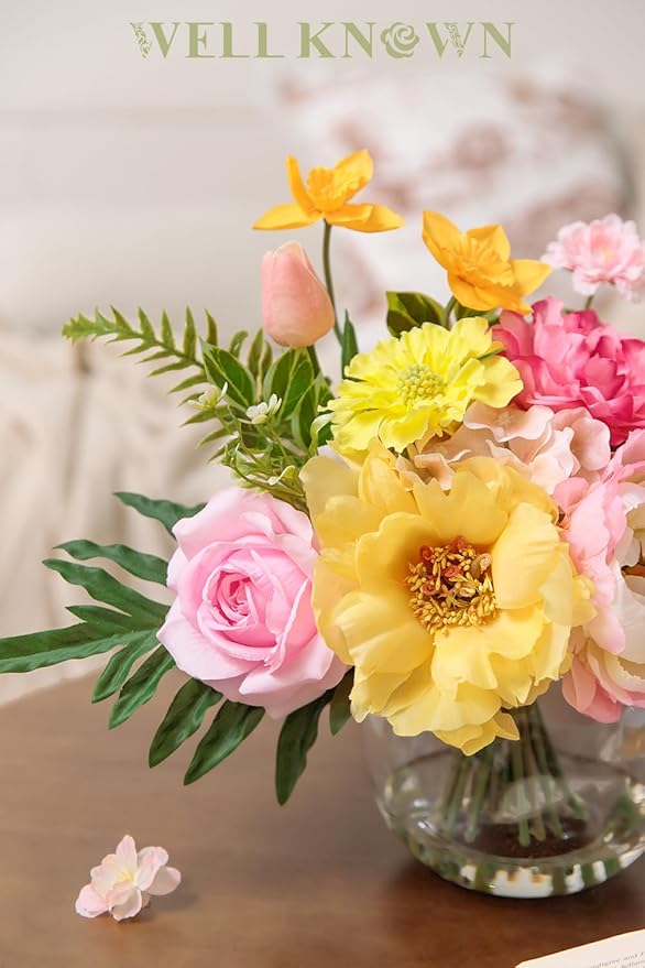 WELL KNOWN Artificial Flowers Centerpieces in Glass Vase with Fake Water, Yellow & Hot Pink Silk Rose Peony & Fake Tulips Bouquet for Birthday Party Wedding Dining Table Office Decor & Mom's Gift