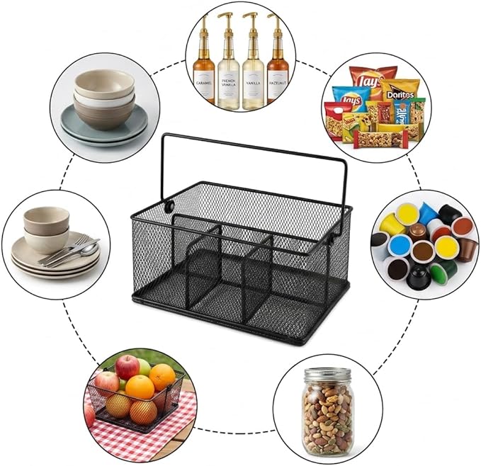 Coffee Bar Organizer,Metal Mesh Snack Organizer Basket with Hideaway Handle,Large Capacity Coffee Snack Holder for Countertop,Coffee Pods,Tea Condiment,Snack Bar,Kitchen Pantry Storage(Black)