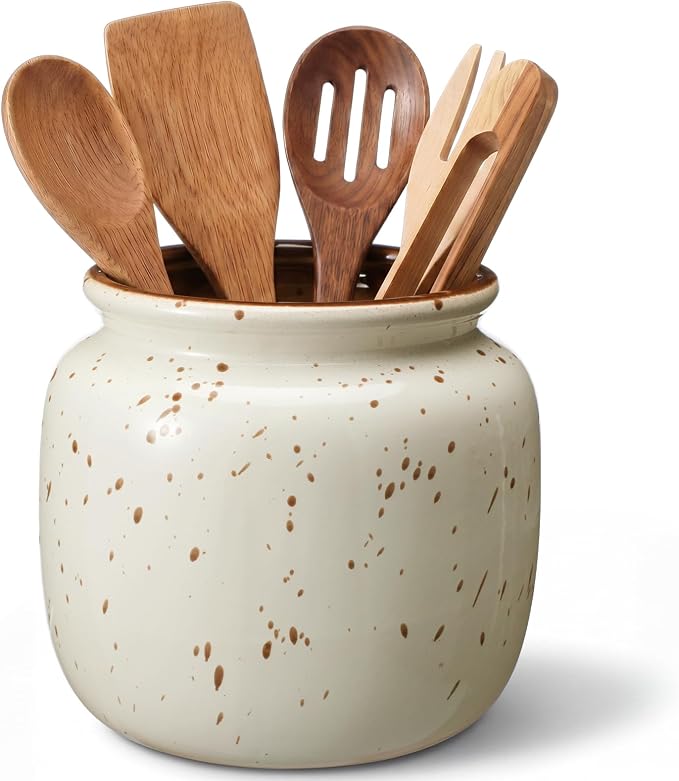 Qinyoung Rustic Kitchen Utensil Holder 6 Inch Small Ceramic Utensil Holder with Handle Vintage Crock Decoration Spatula Organizer for Kitchen Countertop Farmhouse Party Supplies(Natural, No Handle)