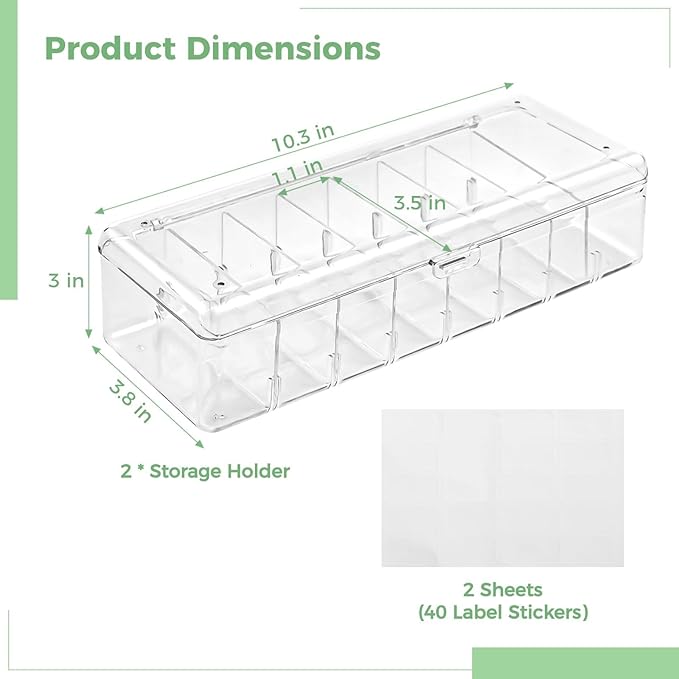 Clear Beverage Bag Storage Bin, Ties Label Stickers, 8-Slot Clear Tea Bag Holder with Lid, 2 Pcs Tea Bag Organizers, Drink Packet Holder, Pantry Divider Container for Kitchen Office