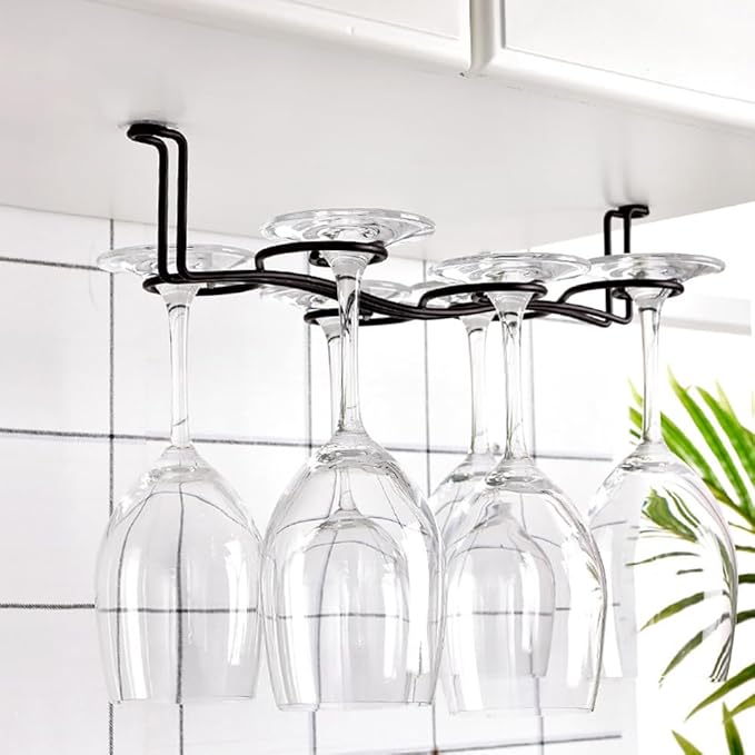CAKERS Creative Hanging Stemware Display Rack|Screw Mount Iron Art Under Cabinet Wine Glass Rack|Glassware Drying Storage Hanger For Kitchen,Bar And Restaurant,Bronze,Small-32.5cm(12.7in)