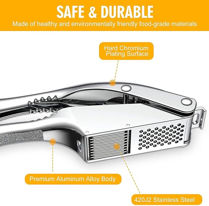 Garlic Press Stainless Steel, 2 in 1 Garlic Mincer, Garlic Slicer, Dual Function Garlic Crusher, Professional Handheld Garlic Squeezer Tool with Anti-Slip Handle, Perfect for Home Cooks