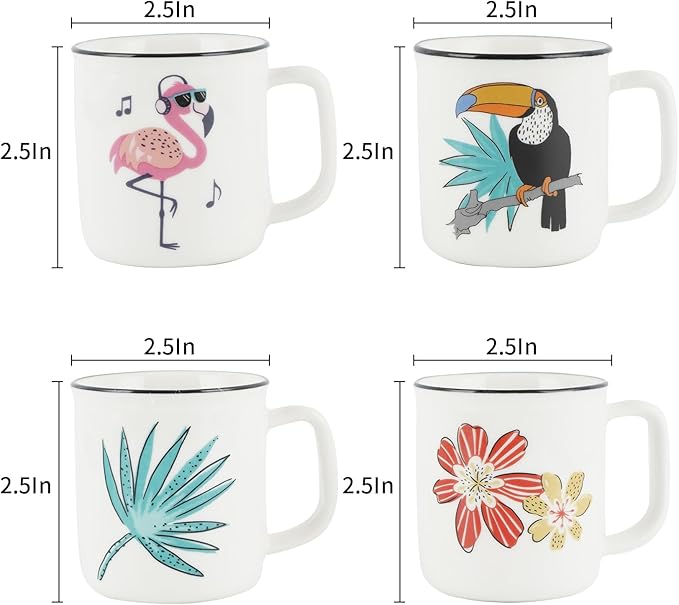 Topadorn 4 Pack 4oz Ceramic Espresso Cups Set, Small Coffee Mugs with Handle, Fun Tropical Print Demitasse Cups, Lead-Free Dishwasher Safe for Home & Office