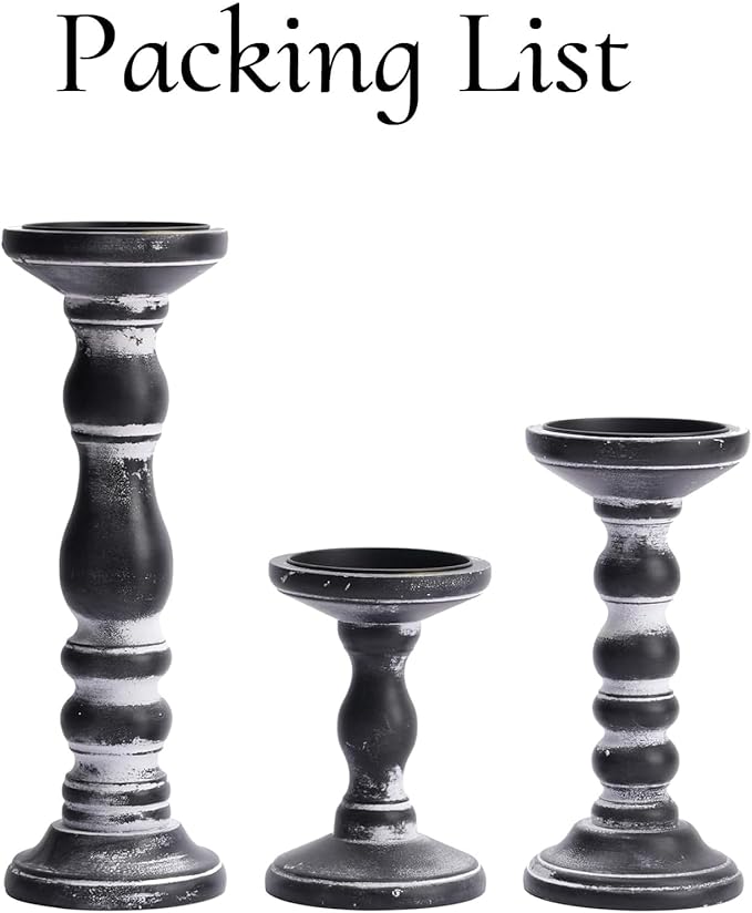 Wooden Pillar Candle Holder: Rustic Black Candle Stand Wood Distressed Candleholders Farmhouse Fall Decor for Christmas Fireplace Mantle Dining Table Living Room Shelf Set of 3