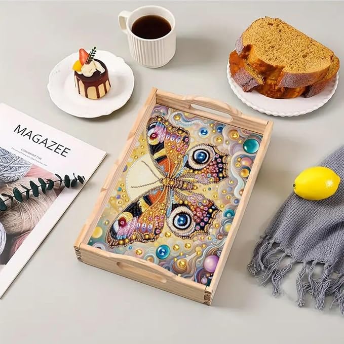 DIY Diamond Serving Tray Rectangular Breakfast Tray with Handle Handmade Diamond Art Painting Wooden Tray for Dinner Plate Coffee Room Living Home Organizer-Butterfly