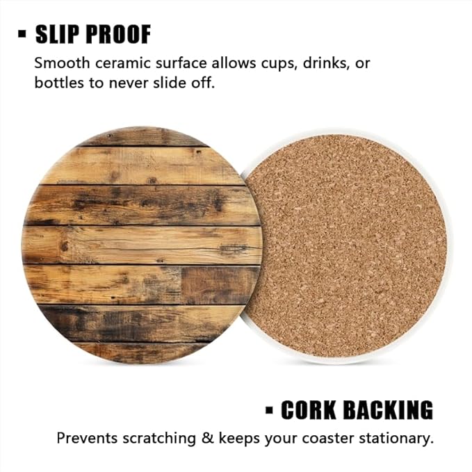 Ceramic Drink Coasters Absorbent Set of 1, Wooden Wall with Brown Stain Pattern Round Anti Slip Modern Cup Coasters for Desk Kitchen Office Housewarming Hostess Gifts (4 * 4 Inch)