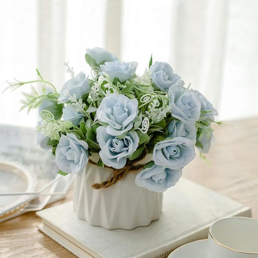 TKAS Fake Flowers Arrangement in Ceramic Vase, Artificial Faux Silk Roses, Small Realistic Dried-Style Floral, Dining Table Centerpiece for Wedding Party Home Decoration (Blue)