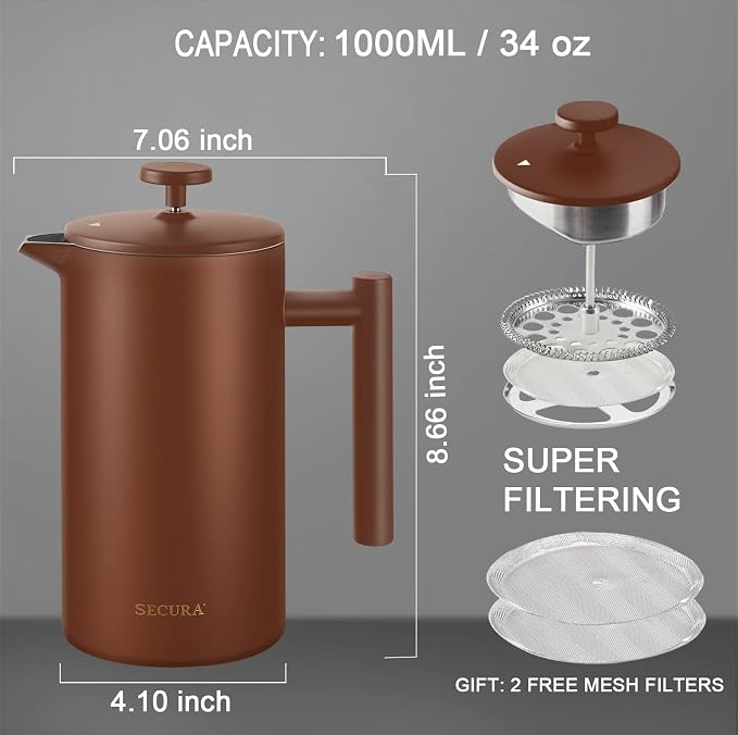 Secura French Press Coffee Maker, 304 Grade Stainless Steel Insulated Coffee Press with 2 Extra Screens, 34oz (1 Litre), Coffee (Pack of 12)