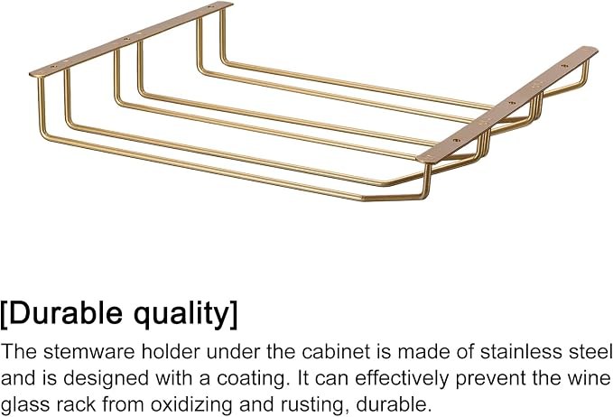 uxcell Wine Glass Rack Under Cabinet, 1Pcs 14-Inch Stemware Wine Glass Hanging Rack Stainless Steel Wine Glass Organizer Storage Hanger for Shelf Kitchen Bar Decor (3 Rows, Gold)