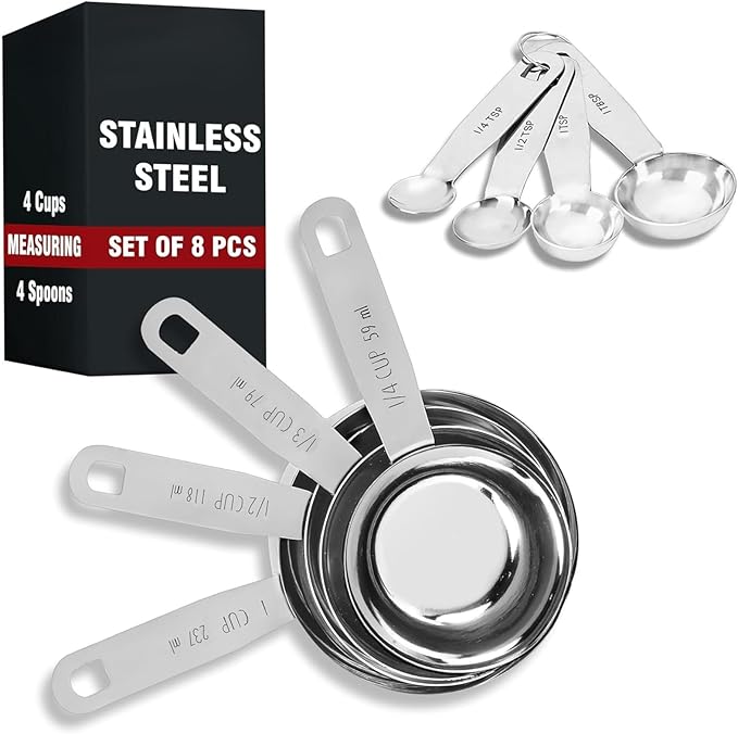 Stainless Steel Measuring Cups and Spoons Set, 8 Piece Professional Baking and Cooking Set with Engraved Measures, 4 Stackable Cups and 4 Stackable Spoons (Set of 8)