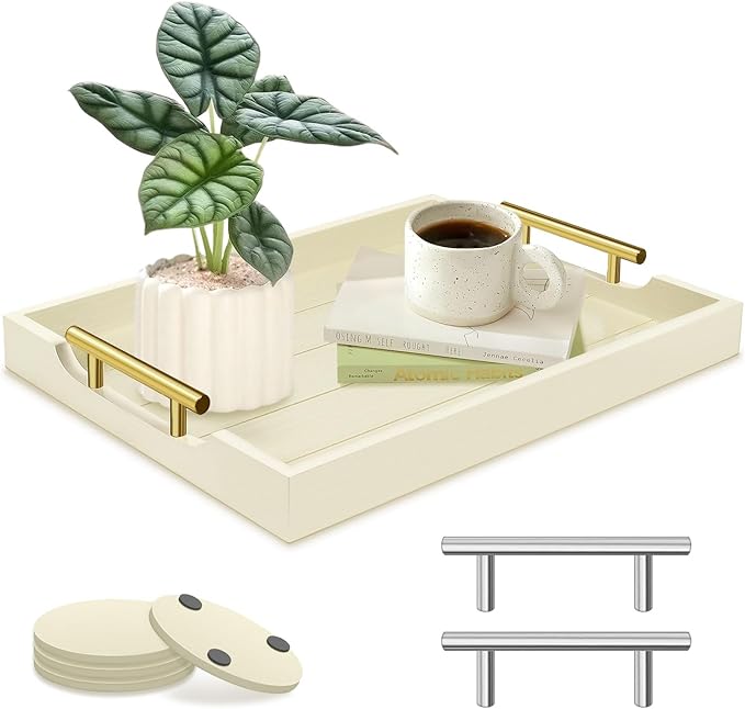 SXNOWS Ottoman Tray for Coffee Table & Couch, Large Wooden Serving Tray with 2 Set of Handles - Modern Farmhouse Rectangle Decorative Tray for Living Room Kitchen Includes 4 Coasters, Off-White/Cream