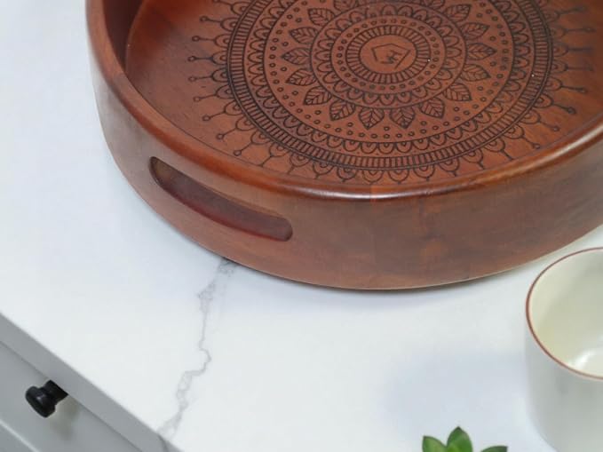 Vesta Homes Premium Wood Round Serving Tray for Home/Kitchen/Restaurant/Office Organizer/Dining Table | Premium Serving Trays | 30.5 x 30.5 x 5 cm | Handcrafted in India