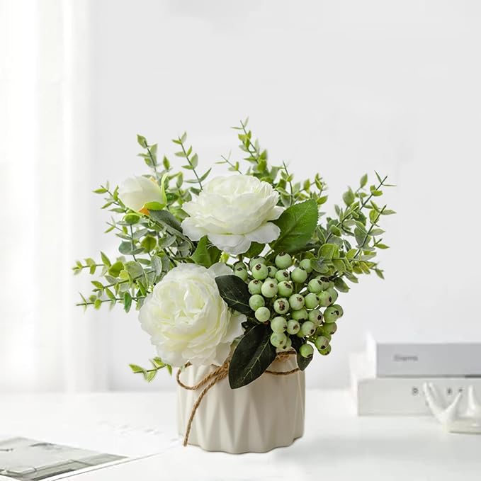 EOBTAIN Fake Flowers in Vase for Coffee Table Decor Faux Potted White Silk Flowers Decoration for Indoor Ceramic Vase with Artificial Plants Flowers Home Decor,Dining Table Centerpiece.