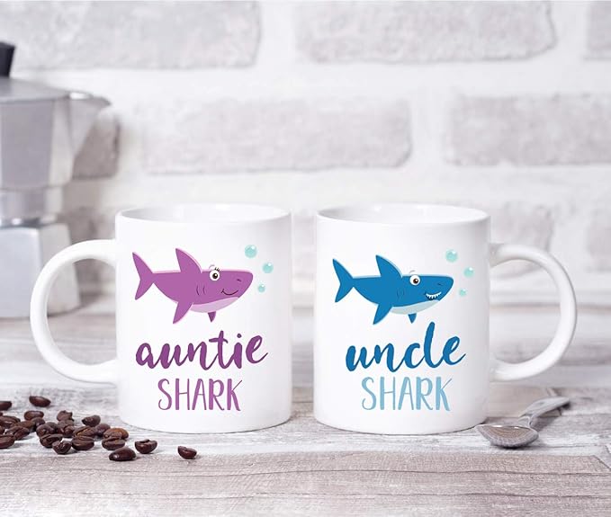 Andaz Press Baby Shark Family 11oz. Coffee Mug Gift Set, Auntie Shark, Uncle Shark, 2-Pack, Shark Do Do Do Gift Idea Birthday Christmas Gifts