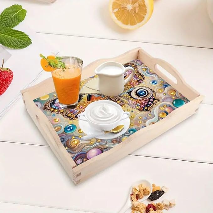 DIY Diamond Serving Tray Rectangular Breakfast Tray with Handle Handmade Diamond Art Painting Wooden Tray for Dinner Plate Coffee Room Living Home Organizer-Butterfly
