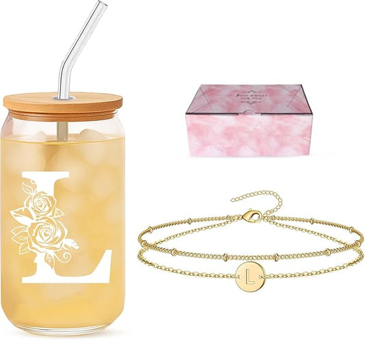 Friendship Gifts for Women, Initial Glass Cup and Bracelet Gift Set, Personalized Ready to Gift Letter Keepsake for Appreciation and Special Moments