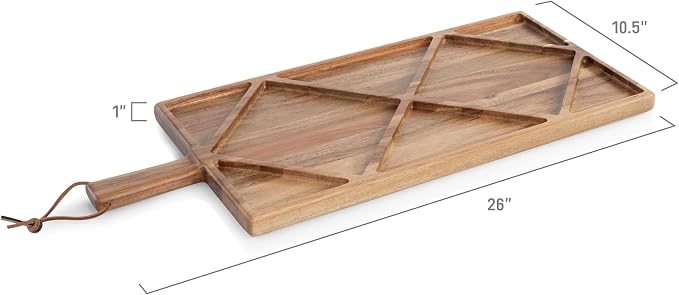 PICNIC TIME Grazing Sectioned Charcuterie Serving Board, Wooden Cheese Serving Tray, Compartment Appetizer Platter with Handle, (Acacia Wood)