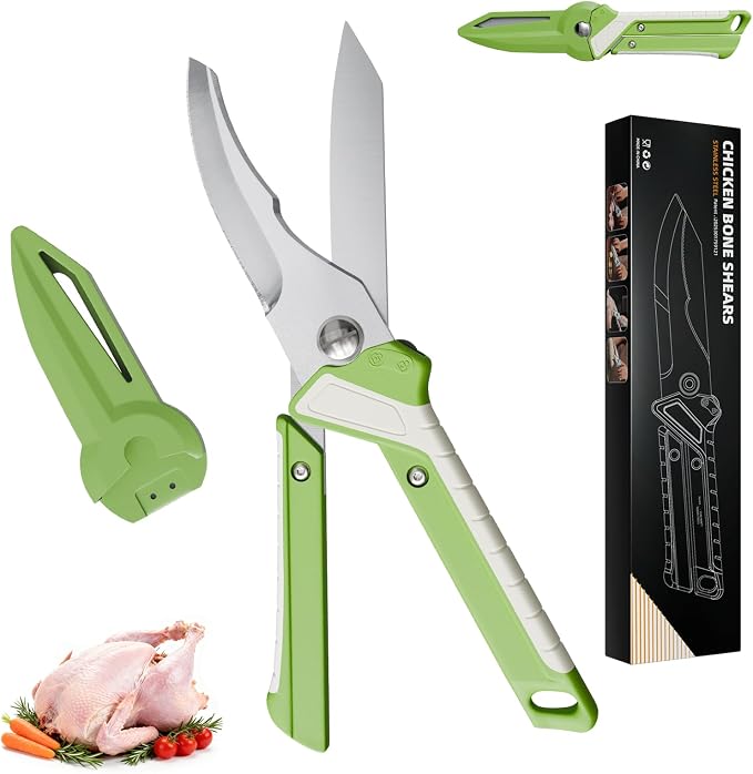 Heavy Duty Poultry Shears, 2-in-1 Ambidextrous All Purpose Kitchen Scissors (Converts to Knife), Non-Slip Handle, Safety Lock & Magnetic Protective Sheath