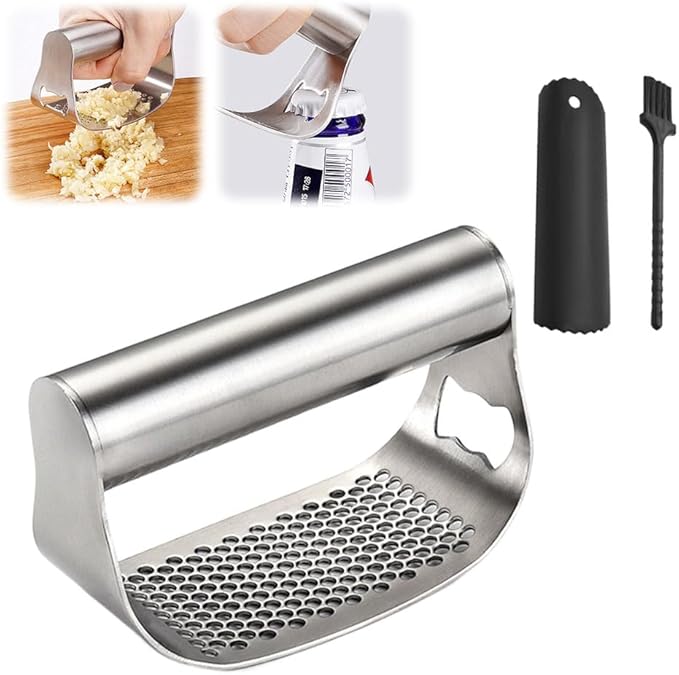 Garlic Press Garlic Presser,2026 Stainless Steel Garlic Presser Bottle Opener Mincer Crusher with Peeler and Cleaning Brush,Multifunctional Kitchen Gadget Garlic Mincer for Woman (B/1PCS)