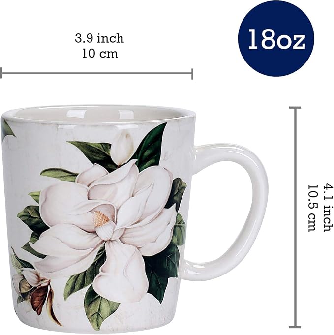 Bico Magnolia Floral Ceramic Coffee Mugs Set of 4, 18 oz Large Tea Cups with Handle, Aesthetic Latte Mugs for Cappuccino Cocoa, Lead-Free, Dishwasher and Microwave Safe, Housewarming Gift