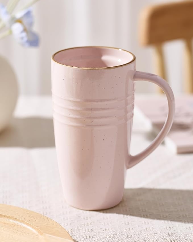 famiware Jupiter Large Coffee Mug, 20oz Coffee Mug with Lid, Ceramic Mugs Set of 2, Cup Set with Handle for Latte, Tea, Cocoa, Milk, Microwave and Dishwasher Safe, Light Pink and Vanilla White