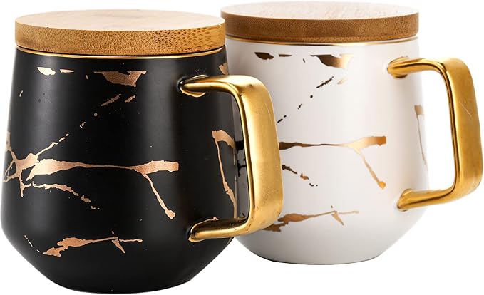 Peohud 2 Pack Porcelain Coffee Mugs Set, 14 OZ Marble Coffee Cups with Lid and Spoon, Large Tea Mugs for Latte, Cappuccino, Americano, Coffee Mugs for Couple, Novelty Engagement Gift