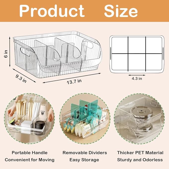 Large Snack Organizer for Countertop, 13.7"×9.3"×6" Clear Plastic Snack Storage Bin for Kitchen Pantry, 6 Compartment Snack Bar with Dividers for Cabinet, Chip Packet Holder for Office